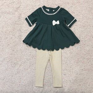 Tahari Forest Green Top with Cream Striped Leggings Kids Matching Set